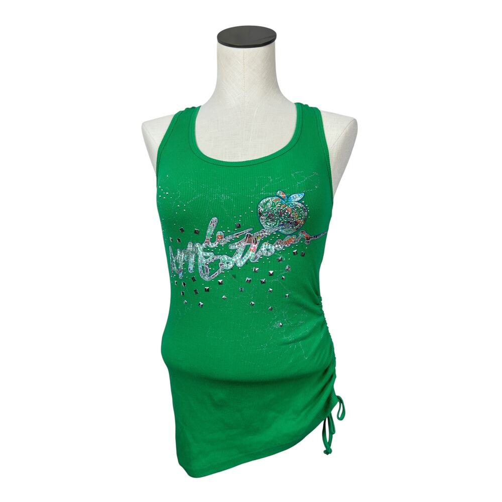 Y2K Apple Bottoms Green Ribbed Logo Embellished Racer Back Ruched Tank Top M